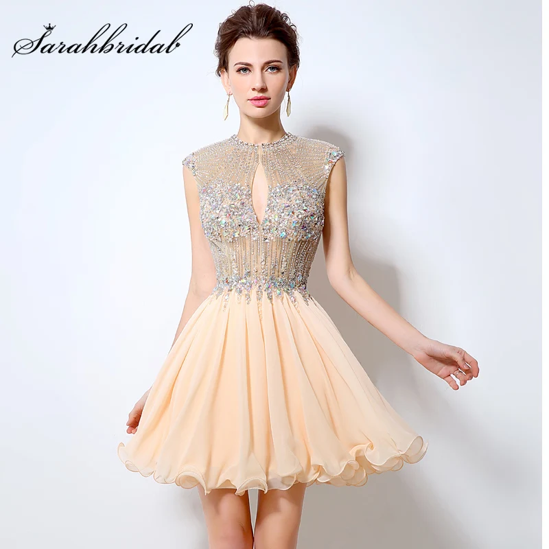 Sexy Homecoming Dresses Backless Illusion Short Luxury Crystal Beaded A Line Formal Chiffon Prom Cute 8th Grade Party Gown LX012