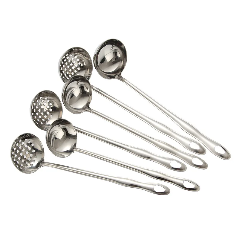 

Stainless Steel Hot Pot Spoon 1.2mm Factory Wholesale Hot Pot Tableware Colander Soup Ladle Light Leakage Body Handle Design