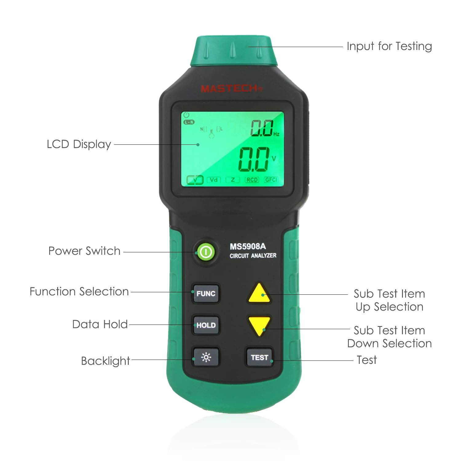 

MASTECH MS5908A LCD Circuit Analyzer Voltage GFCI RCD Fault Tester Low Voltage Distribution Line Fault Test Meter Circuit Tester