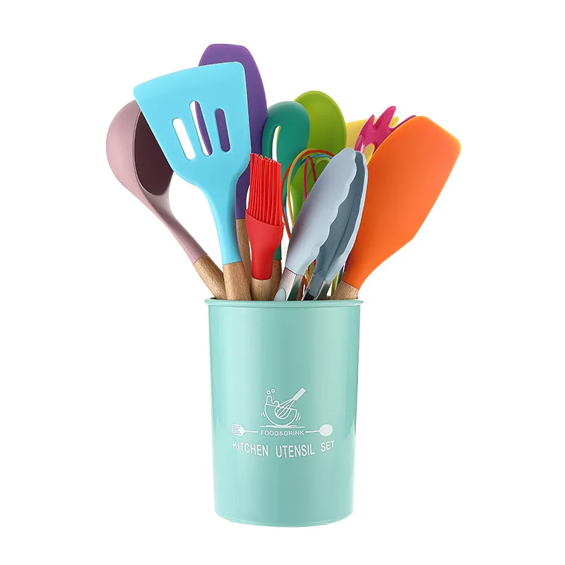 

12pc Colorful Silicone Cooking Tools Set Spatula Shovel Spoon With Wooden Handle Kitchenware Practical Kitchen Cooking Utensils