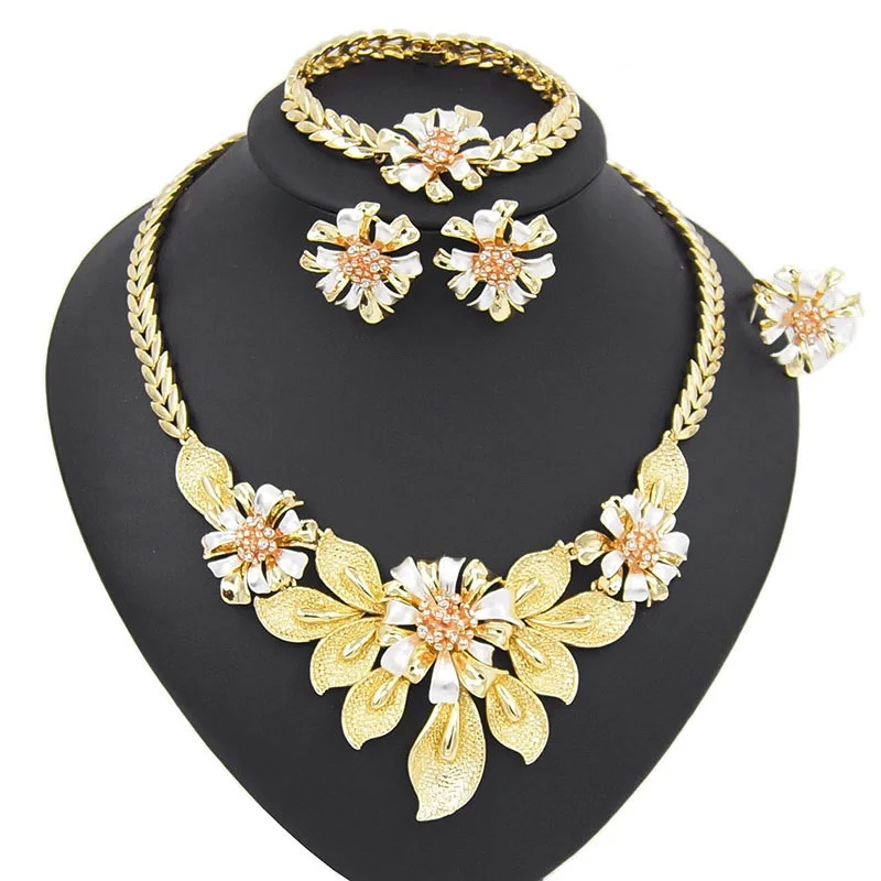 

Yulaili Последние Свадебные Ювелирные наборы для невест, для женщин, подвеска, ожерелье в форме цветка серьги-гвоздики браслет кольцо вечерние ...