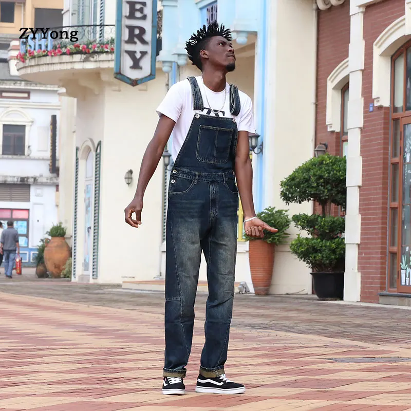 2020 New Fashion man Casual Loose Pocket Overalls Comfortabele Denim Jumpsuits Bib pants jeans baggy Jeans Man Blauw Broek