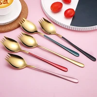 2 in 1 spoon 304 stainless steel fork colorful metal soup dinner spoons salad fork dessert fruit spoon kitchen tableware 1pcs