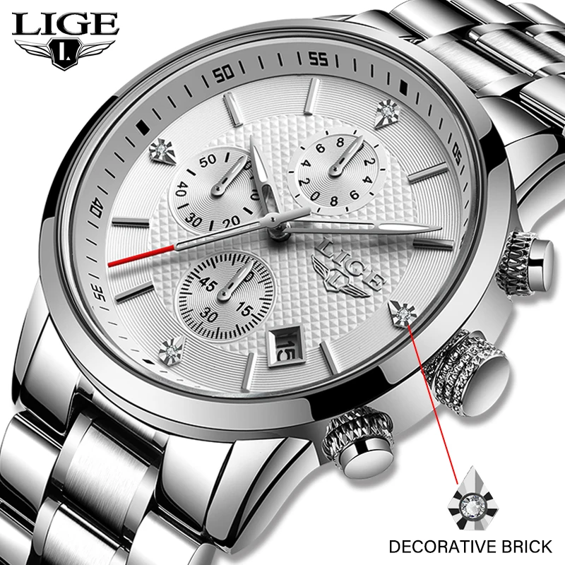 

Часы наручные LIGE Мужские кварцевые, роскошные брендовые полностью стальные водонепроницаемые спортивные модные серебристые с датой