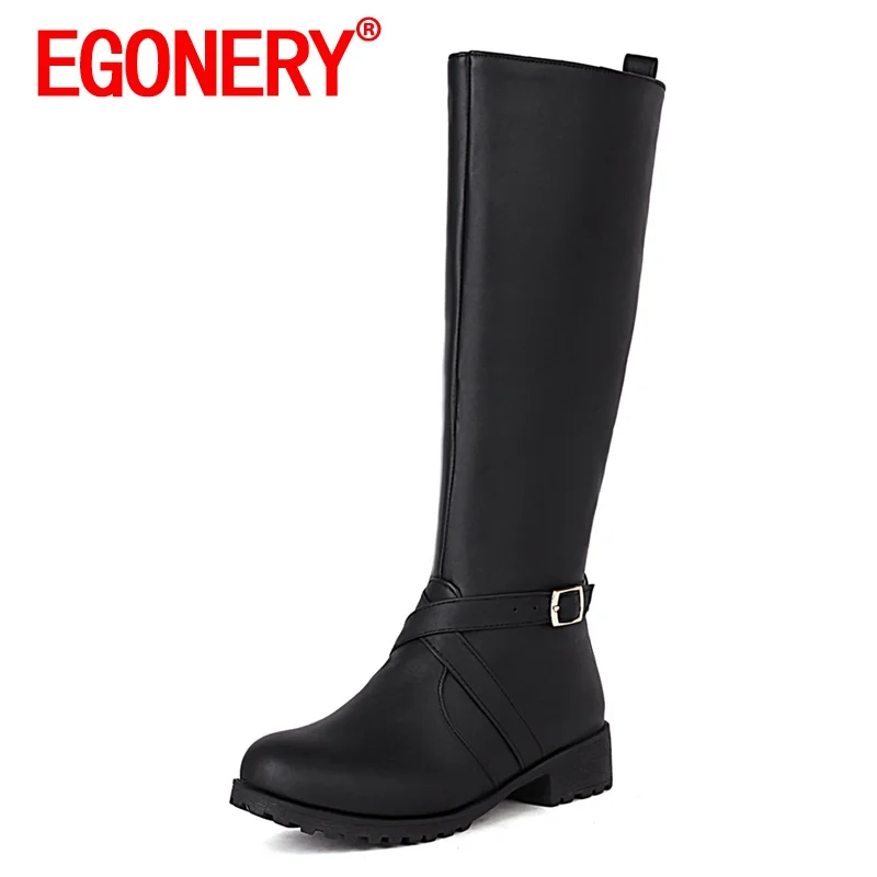 

EGONERY Women winter New Style Leisure working High boots belt buckle decoration Round Toe Side zipper Solid color Square Heel