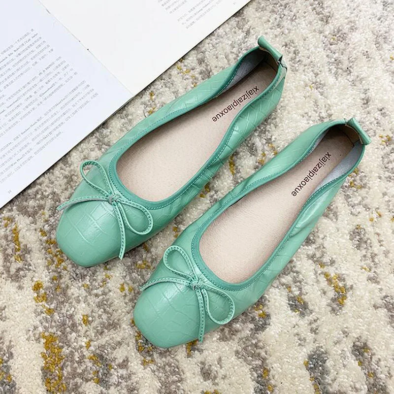 Женские балетки из натуральной кожи с квадратным носком и бантиком|Обувь без