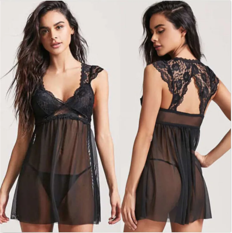 

Fashion Sexy Women Lace Spliced Dress Nightwear V-neck Underwear Ladies See Through Mesh Sheer Vestido Babydoll Sleepwear Dress