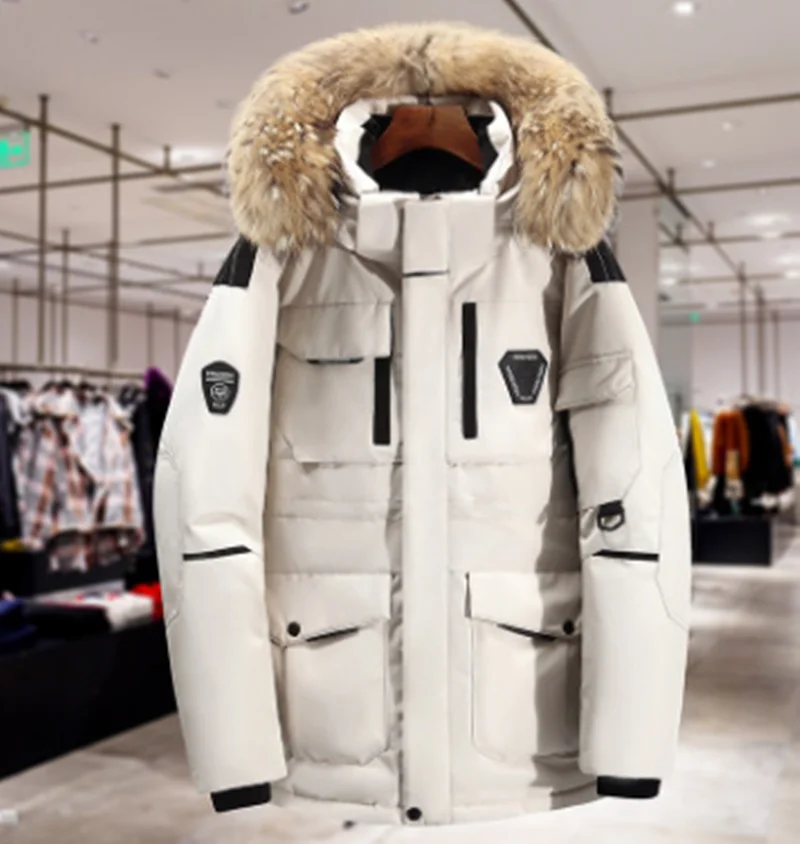 Popular Korean Men Down Jacket Medium And Long Thickened Raccoon Fur Collar Coat Winter Outdoor Warm Down Jacket