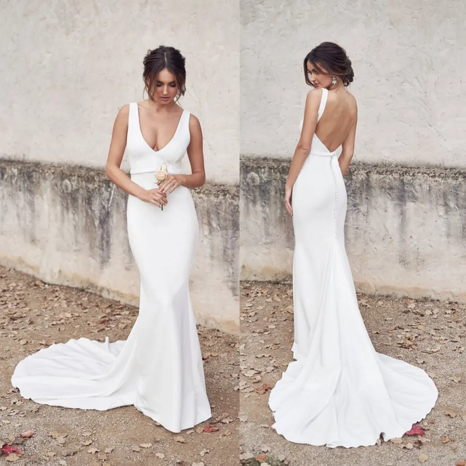 

Simple Satin White Mermaid Wedding Dresses Bridal Gowns 2020 Backless Boho vestido de novia