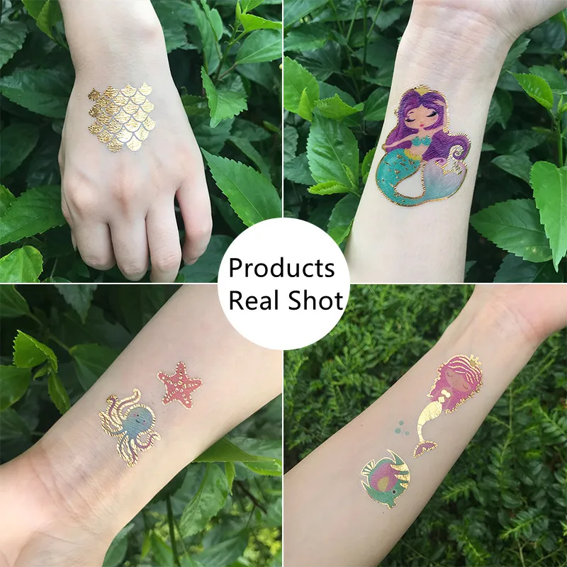 

Gold Mermaid Accessories Flash Arm Body Art Water Transfer Waterproof Temporary Tattoo Sticker For Women Men Fake Tattoos