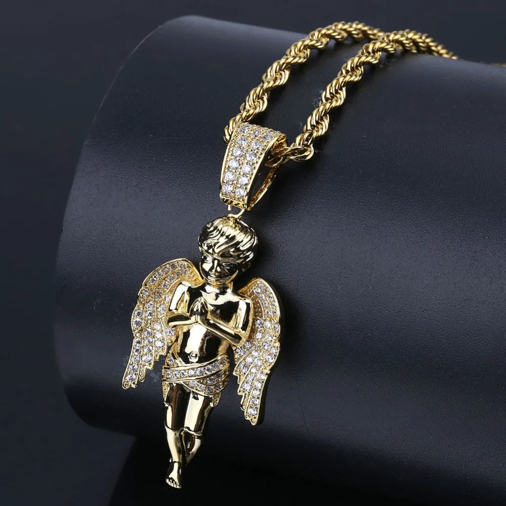 

HipHop Men Women Necklace Gold Color Plated Iced Out Micro Pave CZ Stone Angel Pendant Necklaces Love'sblessing Gifts