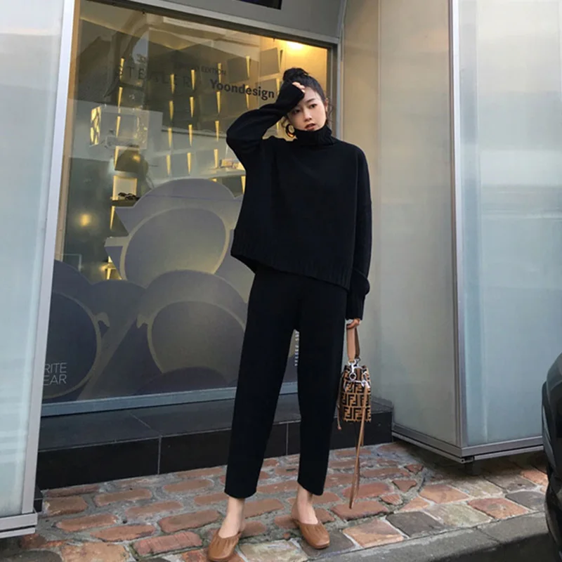 Комплект из 2 предметов зима 2019 Новый Свободный Повседневный пуловер с круглым