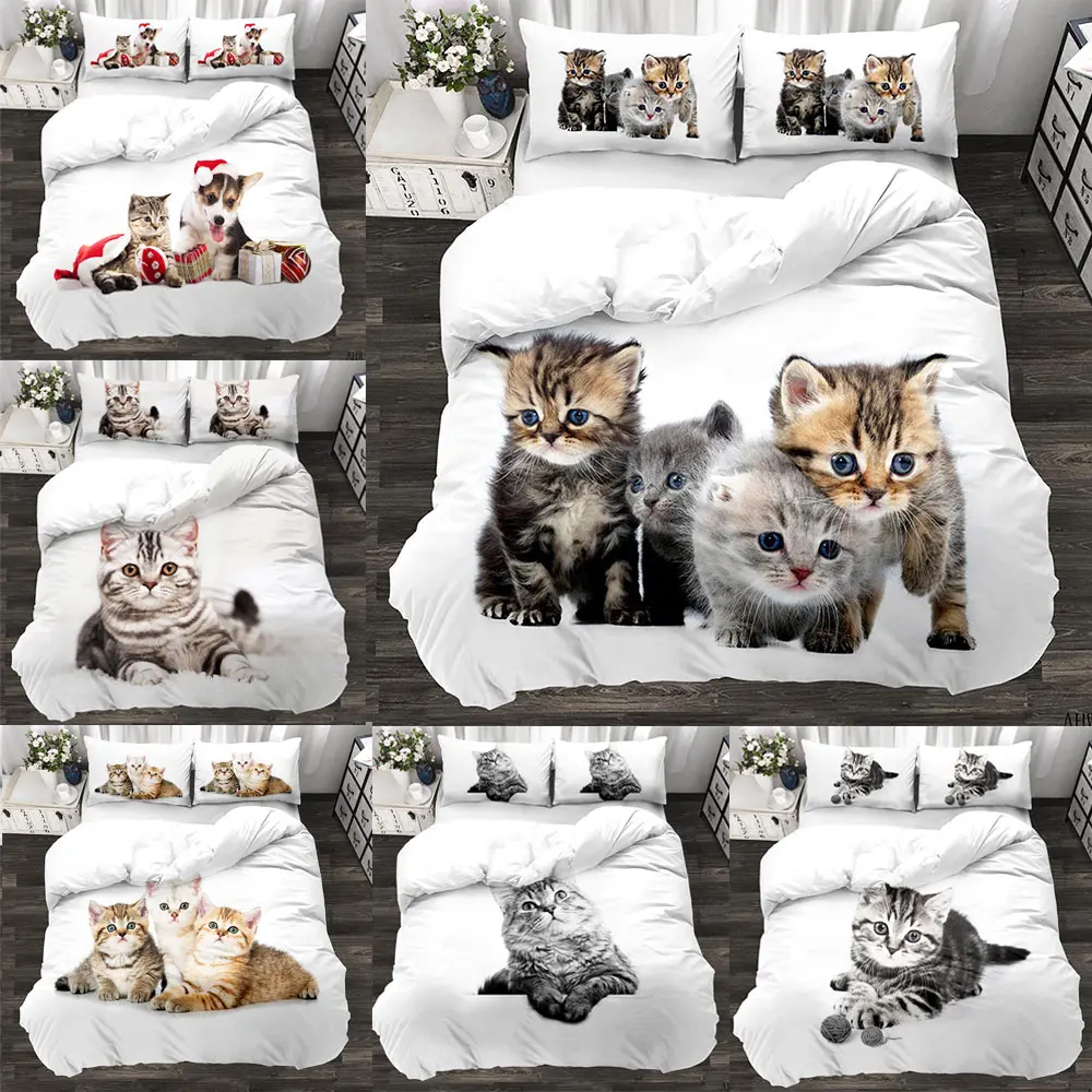 

Комплект постельного белья с изображением животных 3d и милой кошки, пододеяльник с котенком, наволочка, 3 шт., двойной дизайн, роскошные диза...