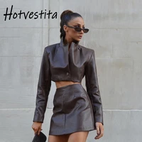 hotvestita 2022 winter sexy brown pu leather 2 piece set women notched button long sleeve crop top mini skirt party club outfits