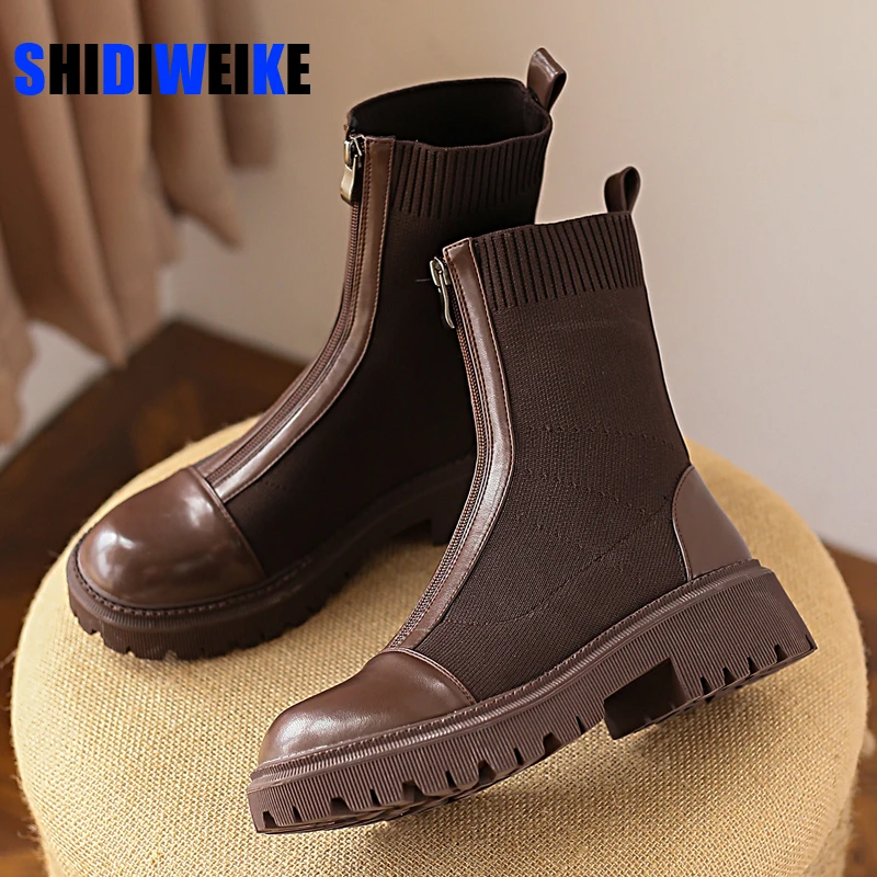 

Новинка; Ботинки на массивном каблуке; Модные женские ботильоны на платформе; Женские вязаные ботильоны с круглым носком на молнии спереди; ...