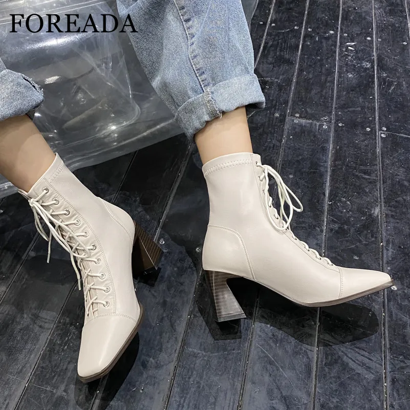 

FOREADA Real Leather Ankle Boots High Heel Woman Boots Lace Up Thick Heel Shoes Square Toe Female Short Boots Beige Black 33-41