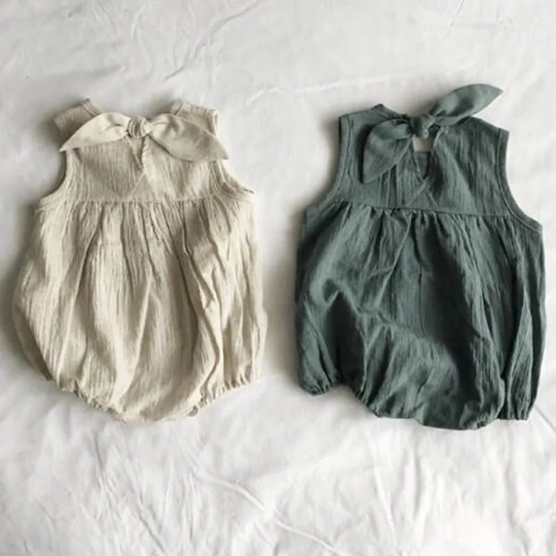 

Baby Girl Clothes Newborn Jumpsuit Baby Girl Rompers Summer Style Baby Boys Rompers Hemp-cotton Sleeveless Bow Crawling Suit