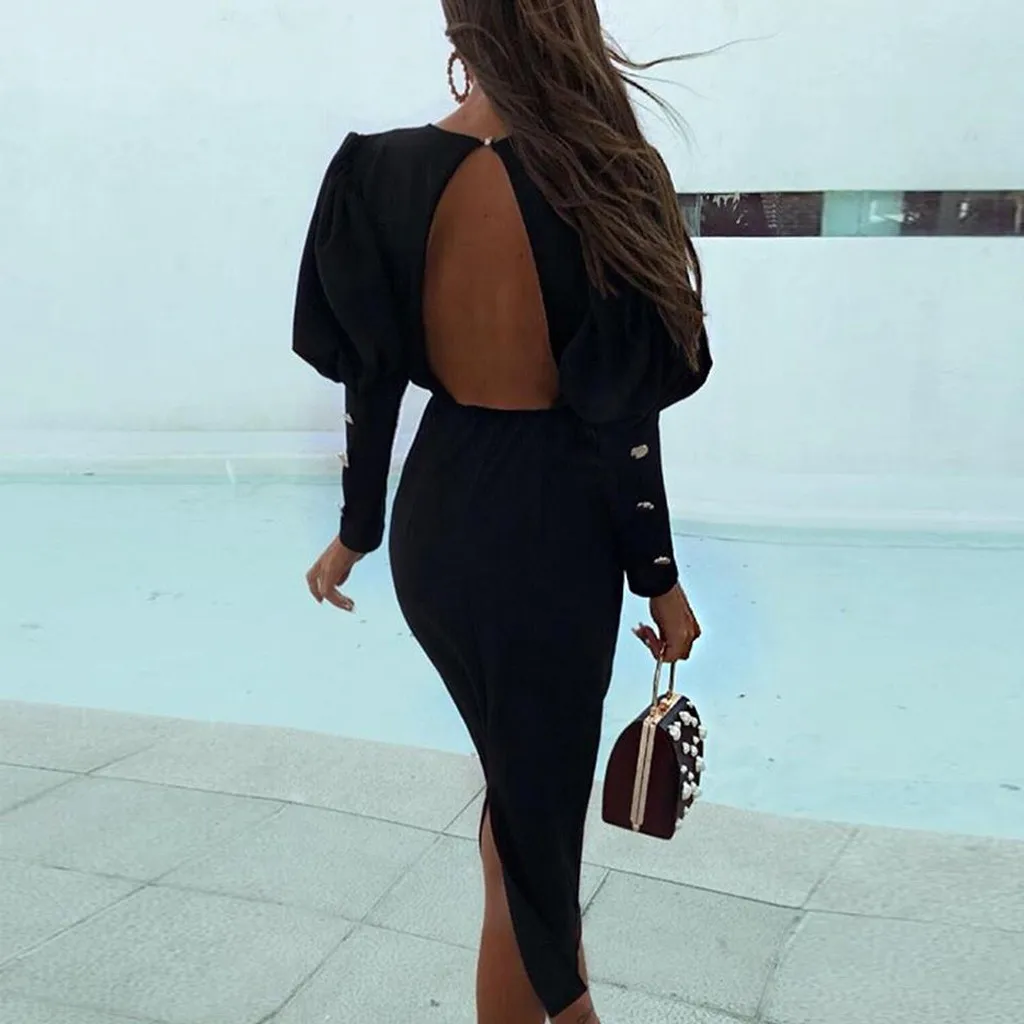 Сексуальное женское платье для вечеринки с открытой спиной Осеннее однотонное