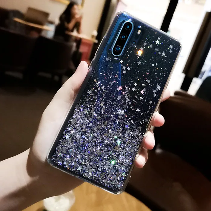 Черный Чехол сверкающий с блестками для huawei P20 Lite P30 силиконовый, прозрачный мягкий чехол с блестками для huawei P30 Lite P20 Pro Прозрачный чехол для телефона - Цвет: Черный