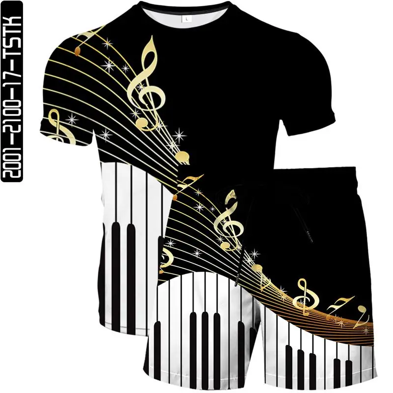 

2021 Explosive Digital Printed Music Graphic T-shirt Set Men's and Women's Casual 3D Short Sleeve Shorts Two-piece Fashion Trend
