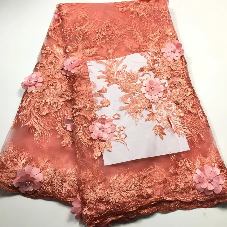 

1.5Yard African Lace Fabric 2020 High Quality Lace Peach Nigerian Lace Fabrics for Women French Beaded 3D Lace Fabric MQ02