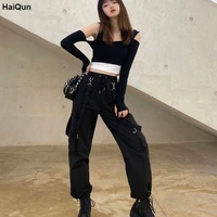 women harajuku black high elastic waist gothic cargo pants hippie pockets streetwear loose oversize mall goth trousers female