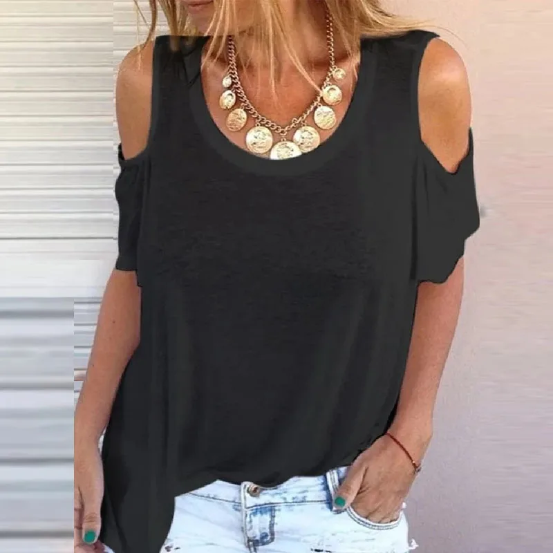 

2022 Women Summer O-Neck Short Sleeve Basic Tee Shirt Casual Loose Solid T-shirts Sexy Off Shoulder Harajuku Top Female Clothing