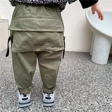DFXD Autumn Korean Kids Boy Pants Solid Army Green/Khaki Long Casual Big Pocket Trousers Pants Boys 