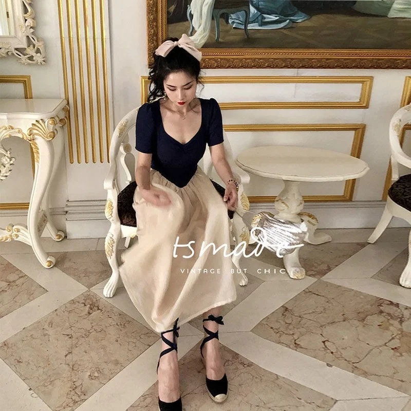 

Vintage Party Dresses Women Summer Princess V-Neck Slim Elegant Midi Dress Female Korean High Waist Casual Chic One Piece Dress