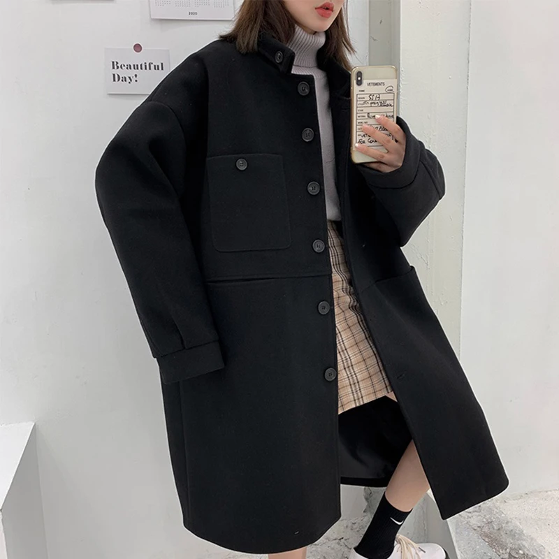 

2020 Autumn Winter Korean Style Woolen Coat Women Fashion Solid Casual Loose Couple Long Overcoat Streetwear Mujer Chaqueta M235