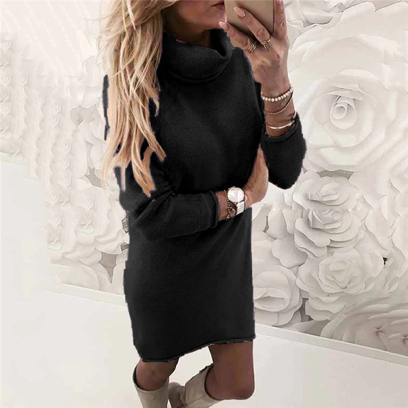 

Long Sleeve Knitted Dress Sweater Autumn Casual Elegant Mini Warm Winter Turtleneck Dress Women Bottoming Shirt 2020 Solid