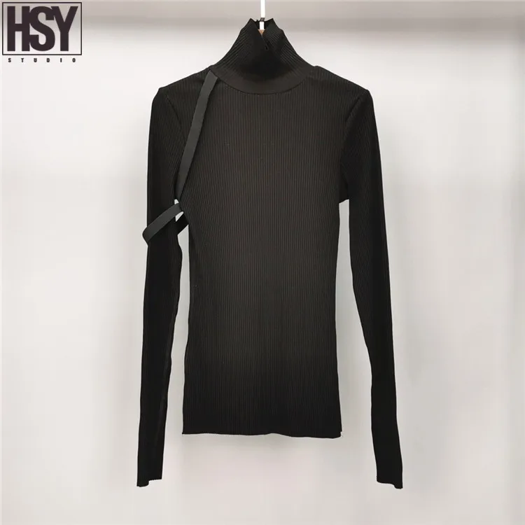 【HSY】2019 Осень Зима Новый женский эластичный дизайн с длинным рукавом высоким