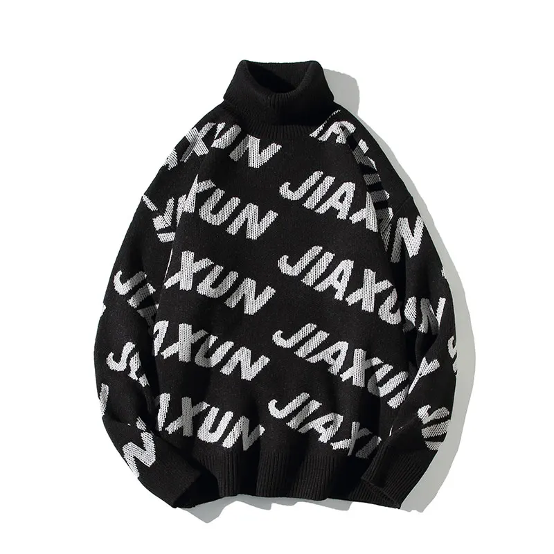 

New Japan Style Autumn Winter New Turtleneck Simple Loose Casual Letter Print Knitted Oversized Sweaters Men Clothing Streetwear