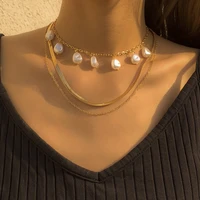fashion multi layered snake chain necklace for women gold color imitation pearl herringbone necklace charm party jewelry gift
