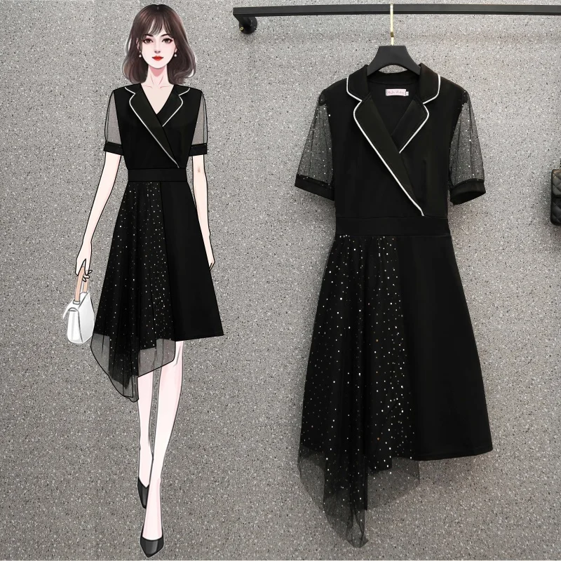 

EHQAXIN 2021 Summer Women's Large Size Splicing Mesh Dress Irregular Lapel Little Black Dress Ladies Fashion Casual Party L-5XL