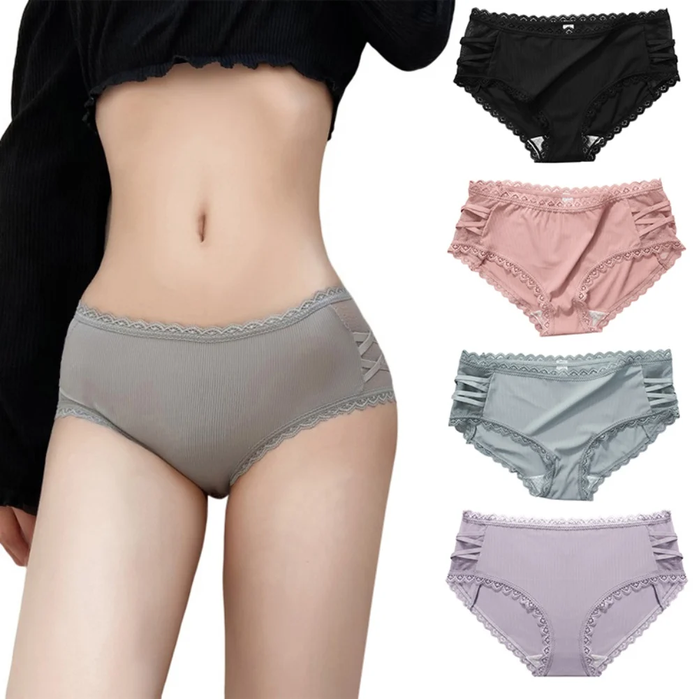 

Модные женские трусики с резьбой, женские кружевные трусики с низкой талией, повседневные однотонные приятные для кожи женские трусы, дышащ...
