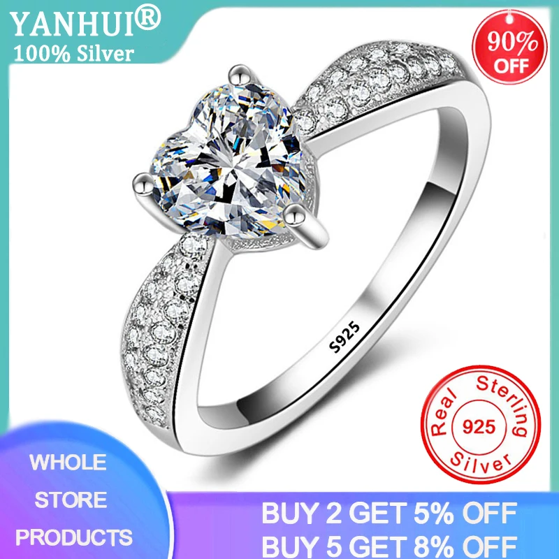

YANHUI Fashion 925 Sterling Silver Crystal Heart Shaped Wedding Rings Women's 3ct Zircon Engagement Rings Glamour Jewelry Gift