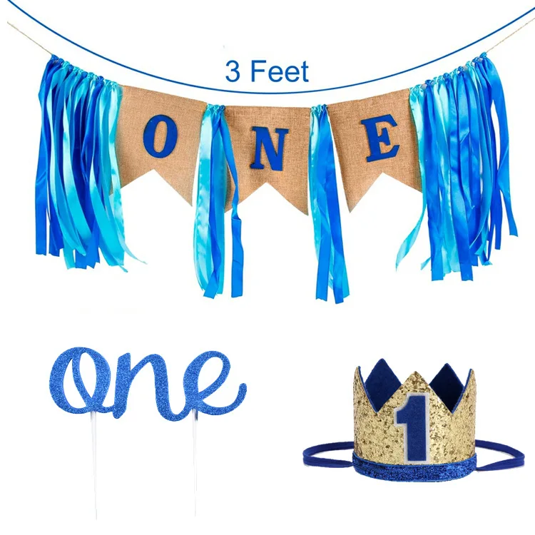 

Baby Shower Blue Photo Frame Crown Hat Banner Garlands for Kids Baby Boy One Year Old 1st Birthday Party Decoration Supplies