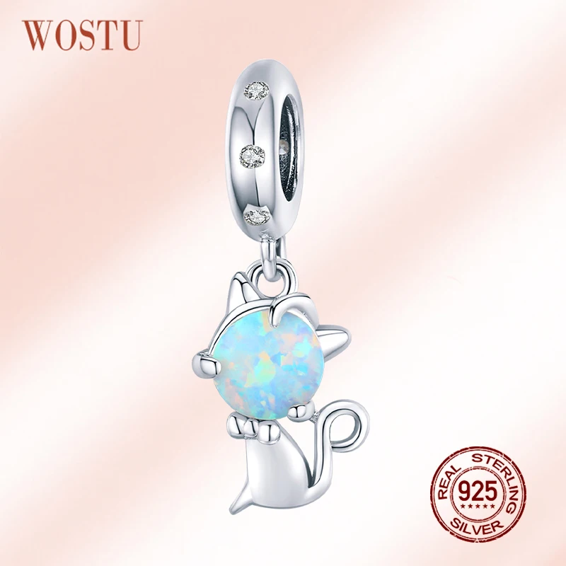 WOSTU милый кот Опал шарик 925 стерлингового серебра Блестящий животных CZ браслеты с