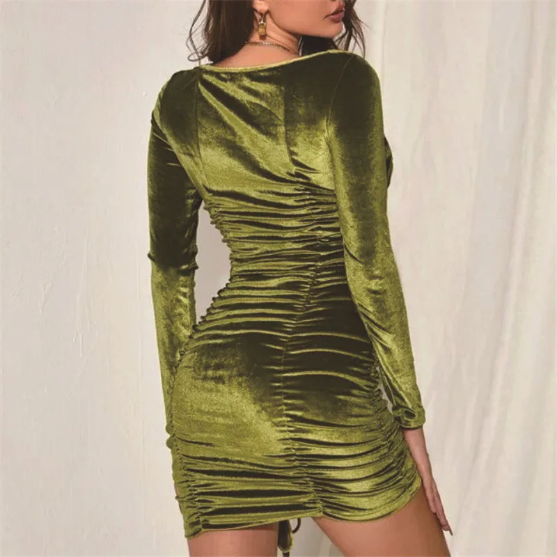 

WJFZQM Sexy Women Slim Vintage Mini Dress Long Sleeve Pleated Drawstring Green Dress V Neck Street Sheath Dresses Women Autumn