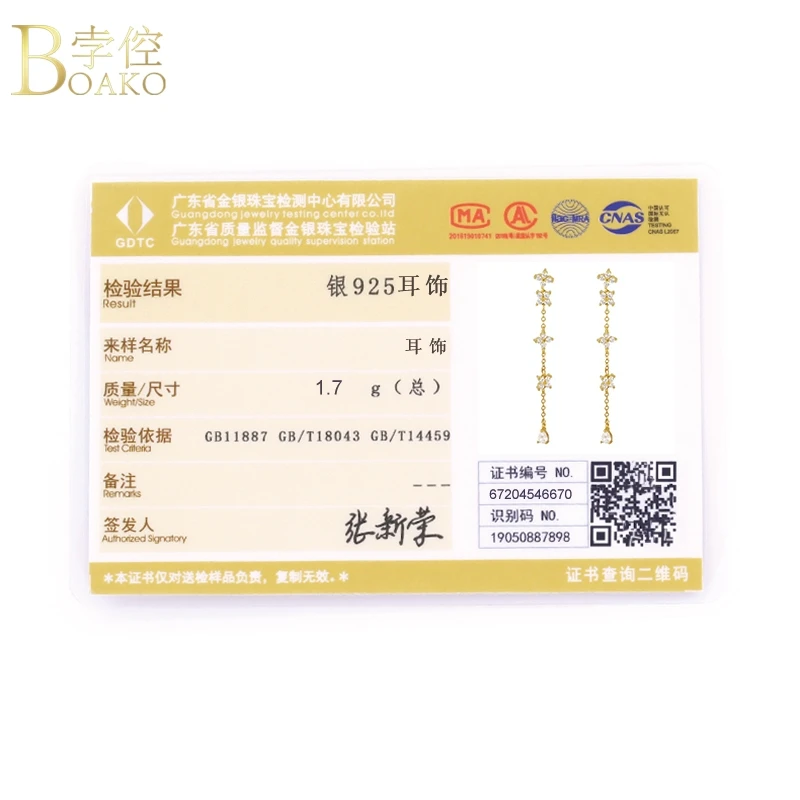 

BOAKO S925 Silver Earrings For Women Long Pendiente Piercing Ohrringe Zircon Stud Earring Brincos Aretes Girl Party Fine Jewelry