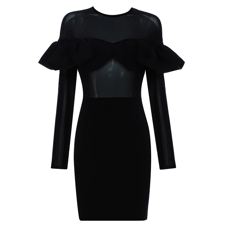 

INDRESSME 2019 New Fashion O Neck Ruffles Long Mesh Sleeve Half Perspective Bandage Bodycon Mini Dress Black Women Party Vestido