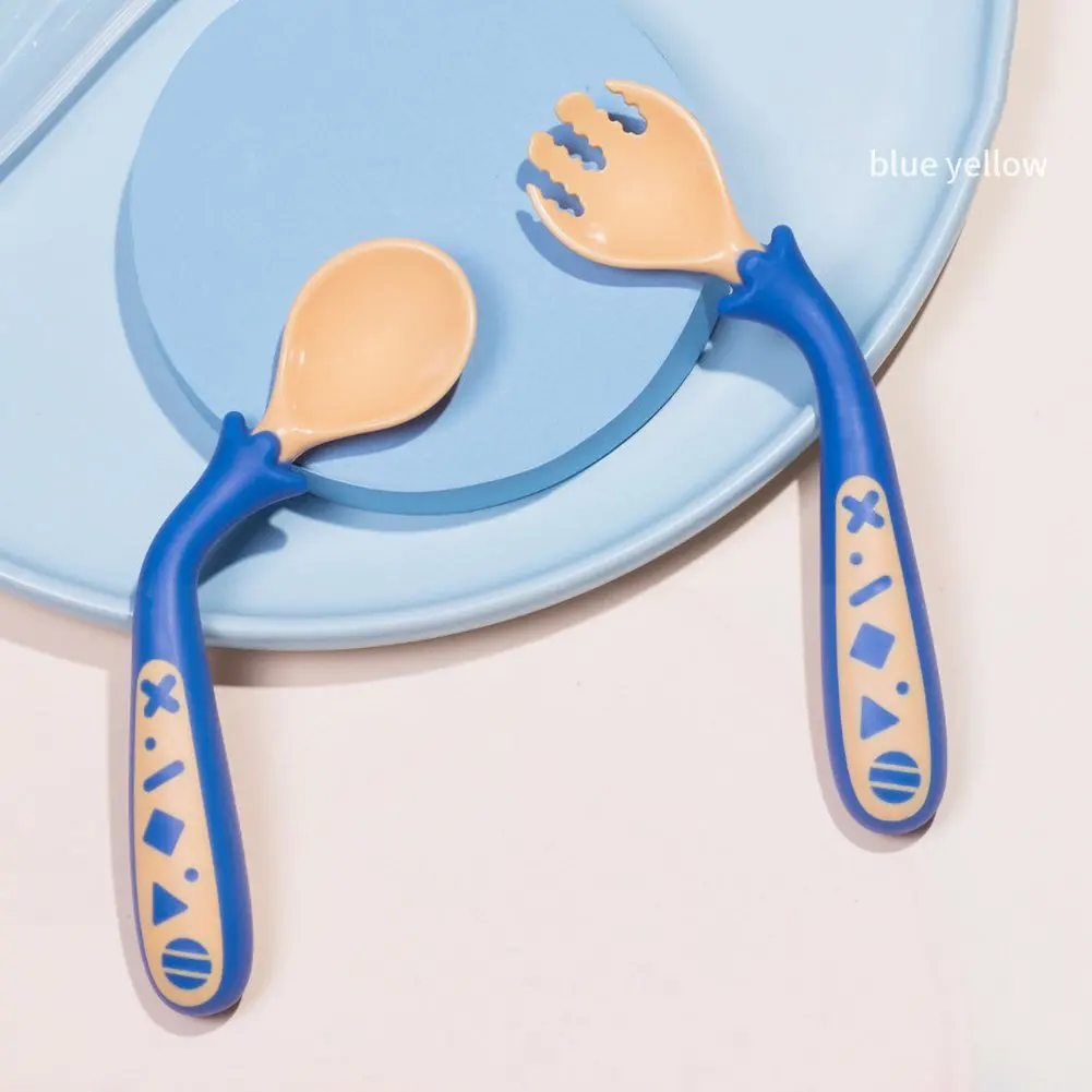 

2pcs/Lot Autumn Baby Learning To Eat Curved Fork And Spoon Children Feeding Tableware Can Be Twisted Spoon Wholesale Baby Use