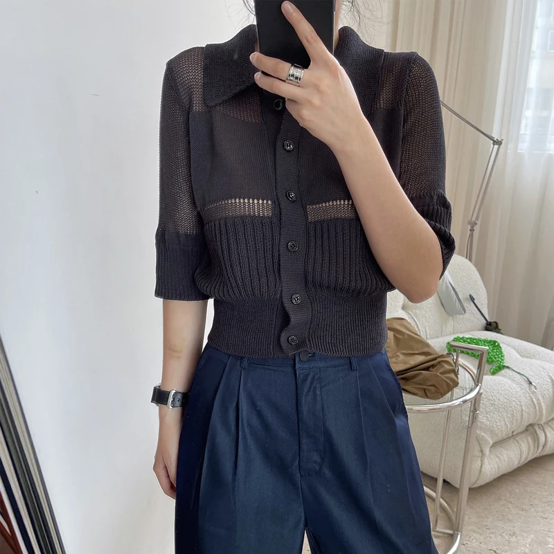 

Spring and summer women's casual solid color lapel short-sleeved hollow loose thin sweater