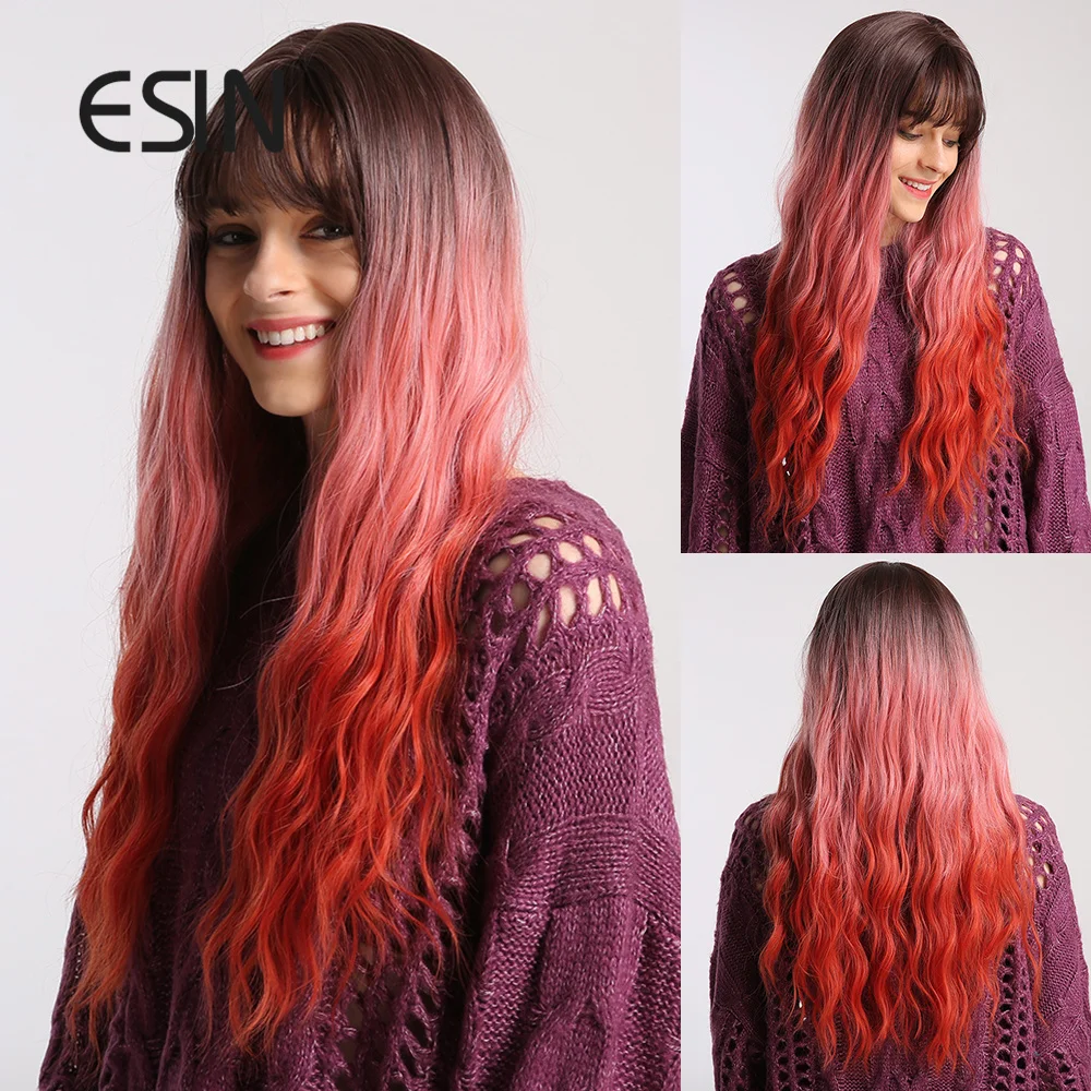 ESIN розовые синтетические волосы парики с челкой длинный волнистый парик для