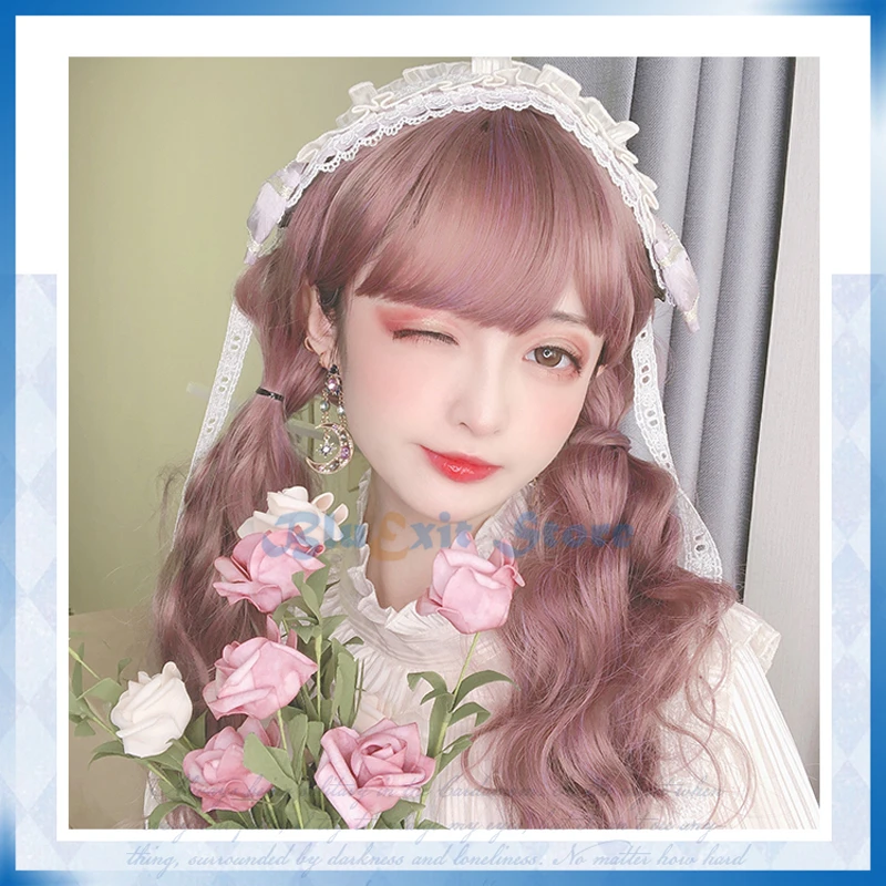 Lolita Harajuku Wig Cosplay Pink Sweet Cute Long Curly Wave Synthetic Hair Adult Girls Headwear | Facial
