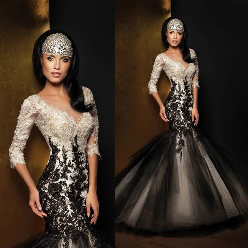 

white and Black Lace weddings Mermaid 2019 three quarter sleeves Gowns vestidos appliques V-Neck prom mother of the bride dress
