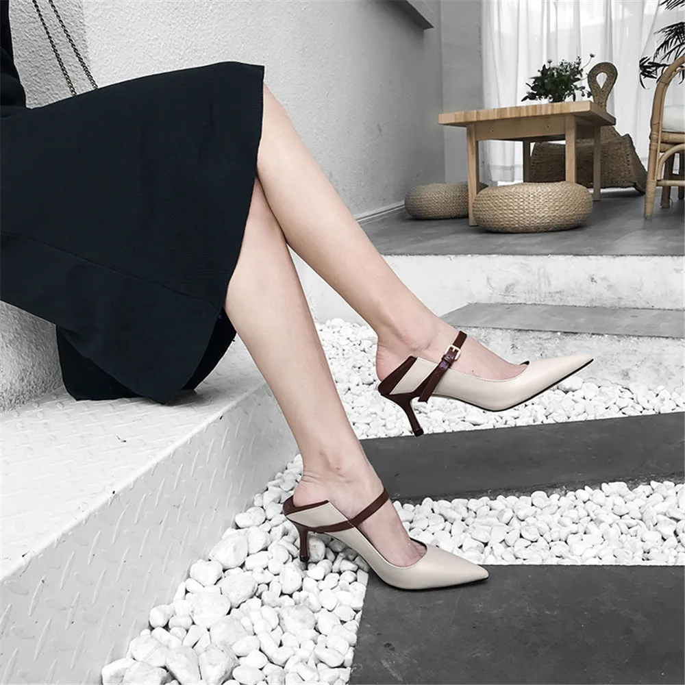 

Drestrive Women Pumps Genuine Leather Thin Heels 7 cm Buckle Pointed Toe Female High Heel Shoes Black Patchwork 2020 Spring