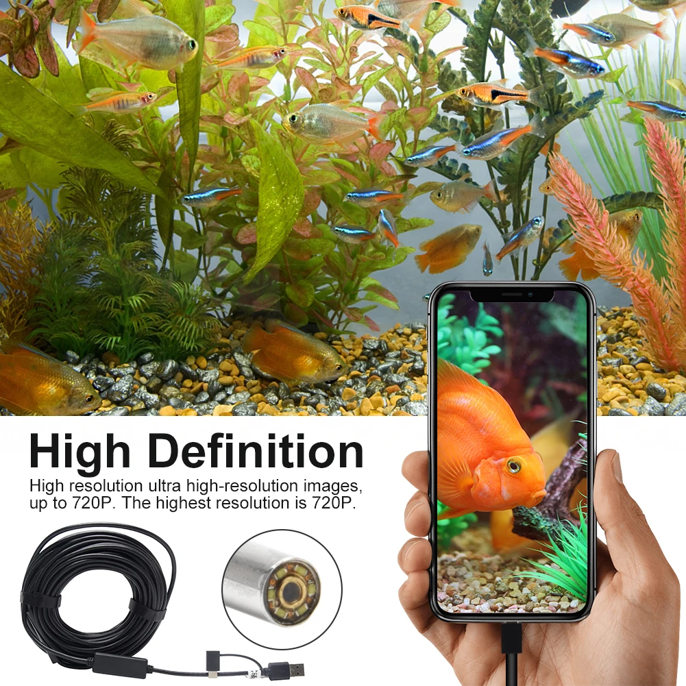 

Underwater Waterproof High Resolution Endoscope Camera Mobile Phones 3 In 1 Interface LED Lights USB Inspection Borescope 720P