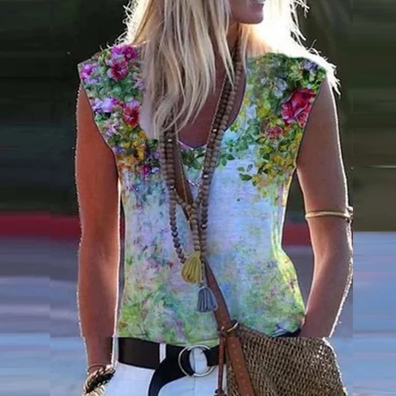 

Elegant Women Summer Floral Print Vest Top Fashion Sexy Sleeveless Loose Blouses Shirts Casual O Neck Blusas Pullover Streetwear